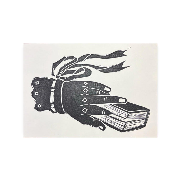 Hand and Books - Hand-Carved Linocut Print