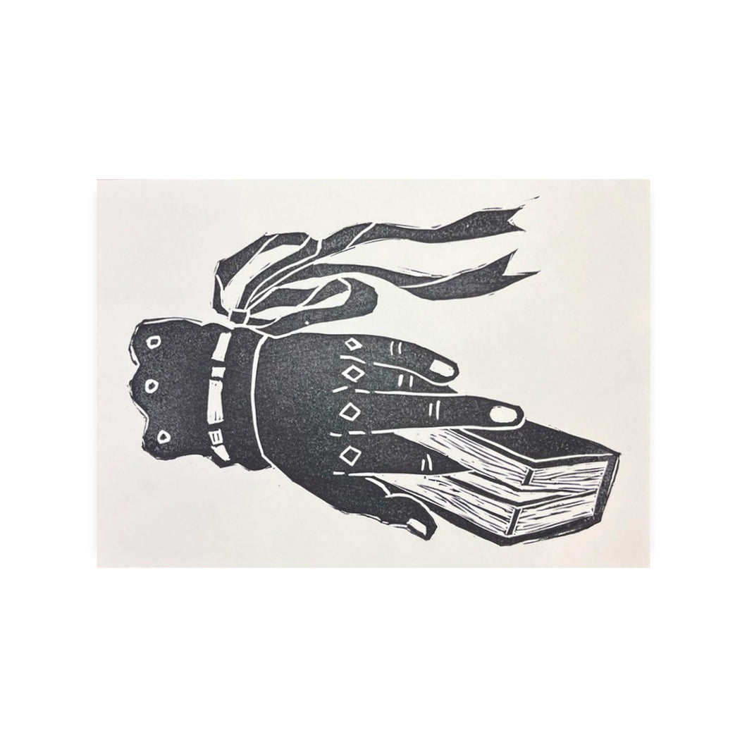 Hand and Books - Hand-Carved Linocut Print