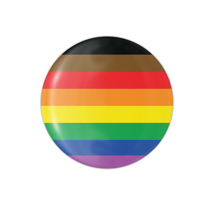 This button features colors from the Philadelphia POC Pride flag. From top to bottom the stripes are colored; black, brown, red, orange, yellow, green, blue, and purple. This button has a latch mechanism backing. 