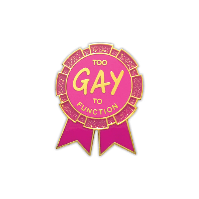 Enamel pin of a pink sparkly prize ribbon that says 