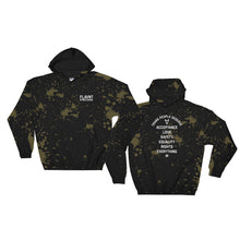 Load image into Gallery viewer, A black sweatshirt with bleach splatters on it, on the front in the left corner is text that reads &quot;Flavnt Streewear&quot; and on the back of the sweatshirt reads &quot;Trans People Deserve Acceptance Love Safety Equality Rights Everything =&quot; and also has the transgender unicode sex symbol. 